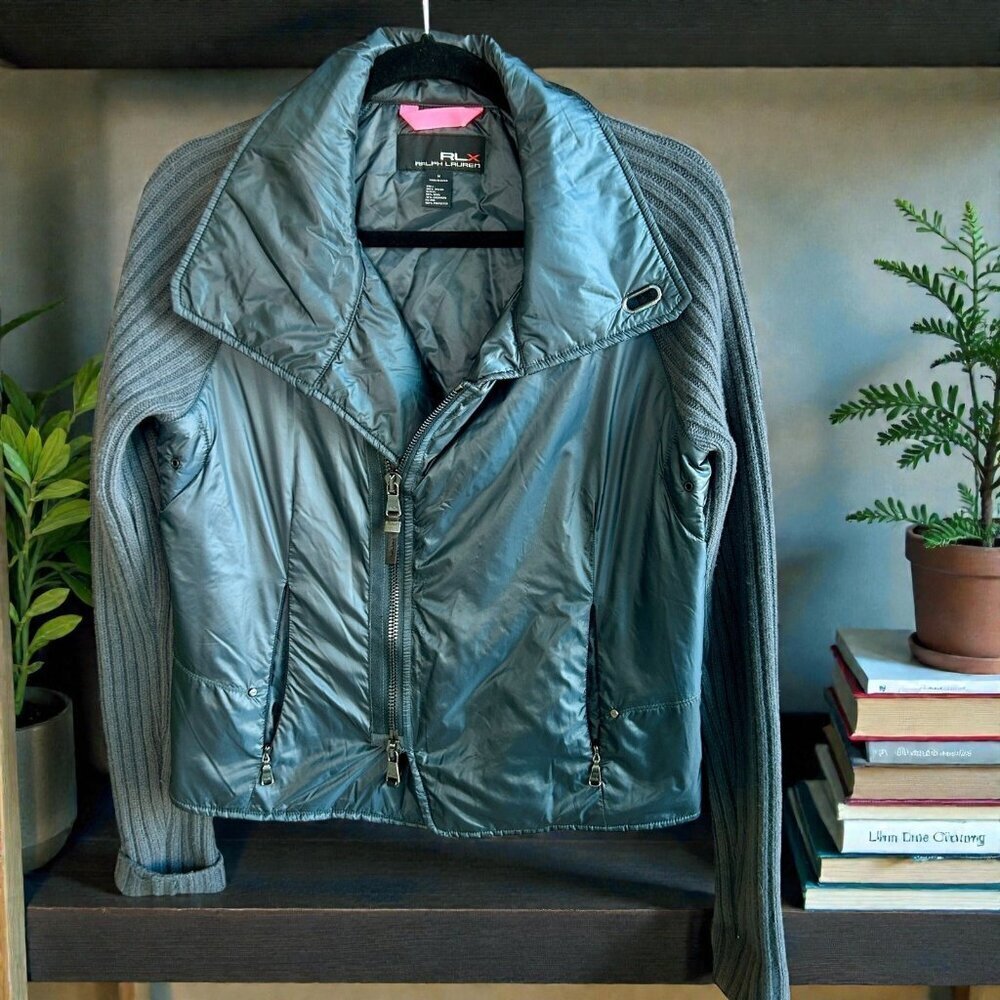 RLX Ralph Lauren Hybrid Moto Jacket Slate Blue Gray Knit Sleeves Size Medium